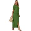imageGRECERELLE Women Summer Casual 2 Piece Sets CrewNeck WrinkleFree Top amp Elastic Waist Maxi Front Slit Skirt with PocketsDill Green