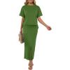 imageGRECERELLE Women Summer Casual 2 Piece Sets CrewNeck WrinkleFree Top amp Elastic Waist Maxi Front Slit Skirt with PocketsDill Green