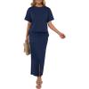 imageGRECERELLE Women Summer Casual 2 Piece Sets CrewNeck WrinkleFree Top amp Elastic Waist Maxi Front Slit Skirt with PocketsNavy Blue