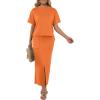 imageGRECERELLE Women Summer Casual 2 Piece Sets CrewNeck WrinkleFree Top amp Elastic Waist Maxi Front Slit Skirt with PocketsVibrant Orange
