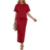imageGRECERELLE Women Summer Casual 2 Piece Sets CrewNeck WrinkleFree Top amp Elastic Waist Maxi Front Slit Skirt with PocketsWine Red