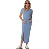 imageGRECERELLE Women Summer Casual 2 Piece Sets VNeck WrinkleFree Top amp Elastic Waist Midi Side Slit Skirt with PocketsDenim Blue