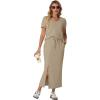 imageGRECERELLE Women Summer Casual 2 Piece Sets VNeck WrinkleFree Top amp Elastic Waist Midi Side Slit Skirt with PocketsKhaki