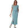 imageGRECERELLE Women Summer Casual 2 Piece Sets VNeck WrinkleFree Top amp Elastic Waist Midi Side Slit Skirt with PocketsLight Blue