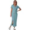 imageGRECERELLE Women Summer Casual 2 Piece Sets VNeck WrinkleFree Top amp Elastic Waist Midi Side Slit Skirt with PocketsLight Blue
