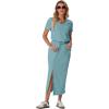 imageGRECERELLE Women Summer Casual 2 Piece Sets VNeck WrinkleFree Top amp Elastic Waist Midi Side Slit Skirt with PocketsLight Blue