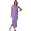 imageGRECERELLE Women Summer Casual 2 Piece Sets VNeck WrinkleFree Top amp Elastic Waist Midi Side Slit Skirt with PocketsLilac