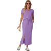 imageGRECERELLE Women Summer Casual 2 Piece Sets VNeck WrinkleFree Top amp Elastic Waist Midi Side Slit Skirt with PocketsLilac