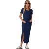 imageGRECERELLE Women Summer Casual 2 Piece Sets VNeck WrinkleFree Top amp Elastic Waist Midi Side Slit Skirt with PocketsNavy Blue