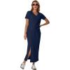 imageGRECERELLE Women Summer Casual 2 Piece Sets VNeck WrinkleFree Top amp Elastic Waist Midi Side Slit Skirt with PocketsNavy Blue