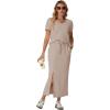 imageGRECERELLE Women Summer Casual 2 Piece Sets VNeck WrinkleFree Top amp Elastic Waist Midi Side Slit Skirt with PocketsOatmeal