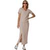 imageGRECERELLE Women Summer Casual 2 Piece Sets VNeck WrinkleFree Top amp Elastic Waist Midi Side Slit Skirt with PocketsOatmeal