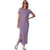 imageGRECERELLE Women Summer Casual 2 Piece Sets VNeck WrinkleFree Top amp Elastic Waist Midi Side Slit Skirt with PocketsPurple