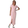 imageGRECERELLE Women Summer Casual 2 Piece Sets VNeck WrinkleFree Top amp Elastic Waist Midi Side Slit Skirt with PocketsRose Pink