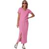 imageGRECERELLE Women Summer Casual 2 Piece Sets VNeck WrinkleFree Top amp Elastic Waist Midi Side Slit Skirt with PocketsRose Red