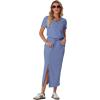 imageGRECERELLE Women Summer Casual 2 Piece Sets VNeck WrinkleFree Top amp Elastic Waist Midi Side Slit Skirt with PocketsSky Blue