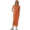 imageGRECERELLE Women Summer Casual 2 Piece Sets VNeck WrinkleFree Top amp Elastic Waist Midi Side Slit Skirt with PocketsTan