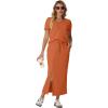imageGRECERELLE Women Summer Casual 2 Piece Sets VNeck WrinkleFree Top amp Elastic Waist Midi Side Slit Skirt with PocketsTan