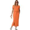 imageGRECERELLE Women Summer Casual 2 Piece Sets VNeck WrinkleFree Top amp Elastic Waist Midi Side Slit Skirt with PocketsVibrant Orange