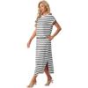 imageGRECERELLE Women Summer Casual WrinkleFree 2 Piece Sets Round Neck Top amp Elastic Waist Maxi Side Slit Skirt with PocketsWhite Black Stripe