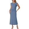 imageGRECERELLE Women Summer 2 Piece Sets Round Neck WrinkleFree Top amp Elastic Waist Midi Fishtail Skirt with PocketsXS3XLDenim Blue