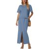 imageGRECERELLE Women Summer Casual 2 Piece Sets CrewNeck WrinkleFree Top amp Elastic Waist Maxi Front Slit Skirt with PocketsDenim Blue