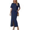 imageGRECERELLE Women Summer Casual 2 Piece Sets CrewNeck WrinkleFree Top amp Elastic Waist Maxi Front Slit Skirt with PocketsNavy Blue