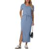 imageGRECERELLE Women Summer Casual 2 Piece Sets VNeck WrinkleFree Top amp Elastic Waist Midi Side Slit Skirt with PocketsDenim Blue