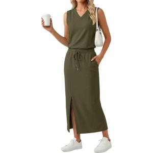 imageGRECERELLE 2026 Casual 2 Piece Sets For Women Summer V Neck WrinkleFree Sleeveless Top Side Slit Maxi Skirt With PocketsArmy Green