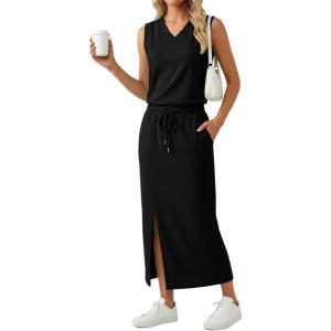 imageGRECERELLE 2026 Casual 2 Piece Sets For Women Summer V Neck WrinkleFree Sleeveless Top Side Slit Maxi Skirt With PocketsBlack