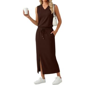 imageGRECERELLE 2026 Casual 2 Piece Sets For Women Summer V Neck WrinkleFree Sleeveless Top Side Slit Maxi Skirt With PocketsDark Coffee