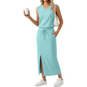 imageGRECERELLE 2026 Casual 2 Piece Sets For Women Summer V Neck WrinkleFree Sleeveless Top Side Slit Maxi Skirt With PocketsLight Blue
