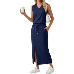 imageGRECERELLE 2026 Casual 2 Piece Sets For Women Summer V Neck WrinkleFree Sleeveless Top Side Slit Maxi Skirt With PocketsNavy Blue