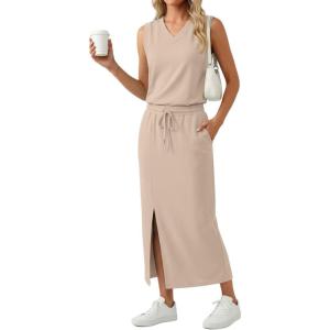 imageGRECERELLE 2026 Casual 2 Piece Sets For Women Summer V Neck WrinkleFree Sleeveless Top Side Slit Maxi Skirt With PocketsOatmeal