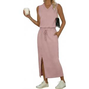 imageGRECERELLE 2026 Casual 2 Piece Sets For Women Summer V Neck WrinkleFree Sleeveless Top Side Slit Maxi Skirt With PocketsRose Pink