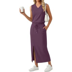 imageGRECERELLE 2026 Casual 2 Piece Sets For Women Summer V Neck WrinkleFree Sleeveless Top Side Slit Maxi Skirt With PocketsRosewood