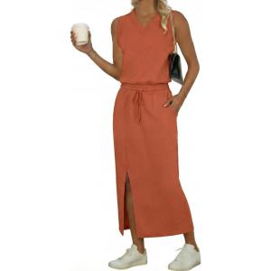 imageGRECERELLE 2026 Casual 2 Piece Sets For Women Summer V Neck WrinkleFree Sleeveless Top Side Slit Maxi Skirt With PocketsTan