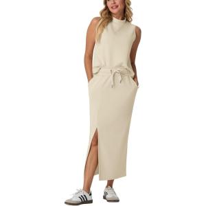 imageGRECERELLE 2026 Women Summer Casual 2 Piece Sets MockNeck WrinkleFree Top amp Elastic Waist Midi Side Slit Skirt with PocketsApricot White