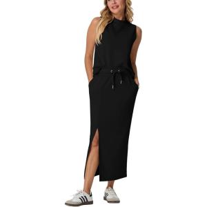 imageGRECERELLE 2026 Women Summer Casual 2 Piece Sets MockNeck WrinkleFree Top amp Elastic Waist Midi Side Slit Skirt with PocketsBlack