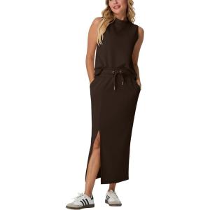 imageGRECERELLE 2026 Women Summer Casual 2 Piece Sets MockNeck WrinkleFree Top amp Elastic Waist Midi Side Slit Skirt with PocketsDark Coffee