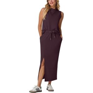 imageGRECERELLE 2026 Women Summer Casual 2 Piece Sets MockNeck WrinkleFree Top amp Elastic Waist Midi Side Slit Skirt with PocketsRosewood