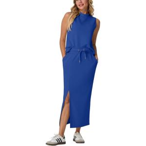 imageGRECERELLE 2026 Women Summer Casual 2 Piece Sets MockNeck WrinkleFree Top amp Elastic Waist Midi Side Slit Skirt with PocketsRoyal Blue