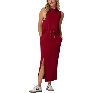 imageGRECERELLE 2026 Women Summer Casual 2 Piece Sets MockNeck WrinkleFree Top amp Elastic Waist Midi Side Slit Skirt with PocketsWine Red