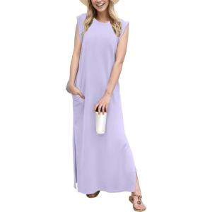 imageGRECERELLE 2026 Women YearRound Casual Round Neck Loose Split WrinkleFree Long Maxi Vacation Dress with Pockets XXS4XLAura Indigo