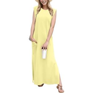 imageGRECERELLE 2026 Women YearRound Casual Round Neck Loose Split WrinkleFree Long Maxi Vacation Dress with Pockets XXS4XLButter Yellow