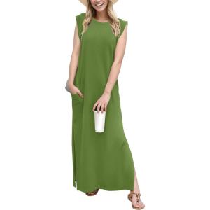 imageGRECERELLE 2026 Women YearRound Casual Round Neck Loose Split WrinkleFree Long Maxi Vacation Dress with Pockets XXS4XLDill Green
