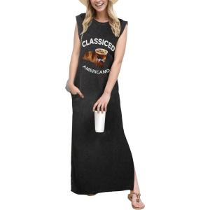 imageGRECERELLE 2026 Women YearRound Casual Round Neck Loose Split WrinkleFree Long Maxi Vacation Dress with Pockets XXS4XLFp Americano Combo