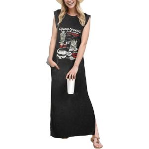imageGRECERELLE 2026 Women YearRound Casual Round Neck Loose Split WrinkleFree Long Maxi Vacation Dress with Pockets XXS4XLFp Burger Menu