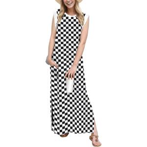 imageGRECERELLE 2026 Women YearRound Casual Round Neck Loose Split WrinkleFree Long Maxi Vacation Dress with Pockets XXS4XLFp Checkered
