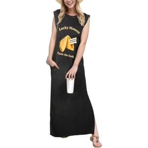 imageGRECERELLE 2026 Women YearRound Casual Round Neck Loose Split WrinkleFree Long Maxi Vacation Dress with Pockets XXS4XLFp Fortune Cookie
